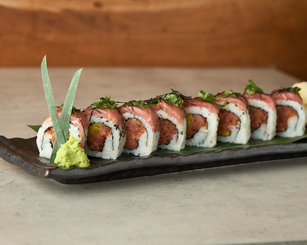 Low dramatic angle of Torotaku roll showing char and layered fillings